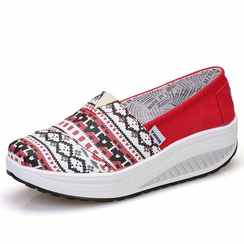 Red art pattern canvas slip on rocker bottom shoe | Womens shoes online ...