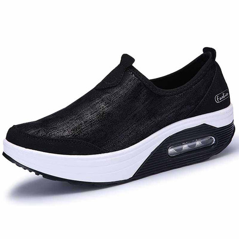 Black leather slip on rocker bottom shoe sneaker | Womens rocker shoes ...