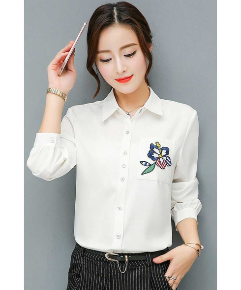 White floral embroidered long sleeve shirt | Womens shirts online 1175WCLO