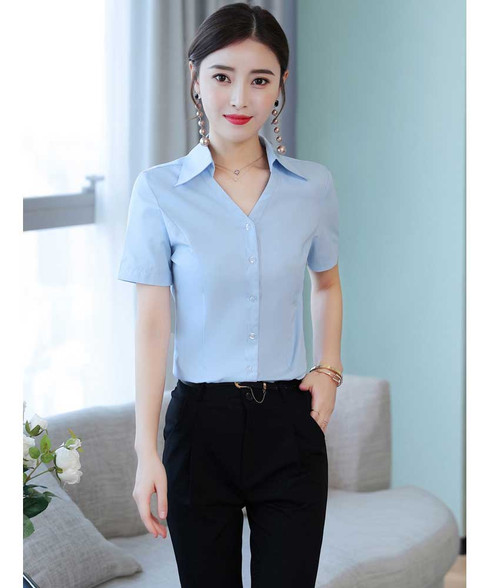 Blue V neck short sleeve shirt in plain color | Womens shirts online ...