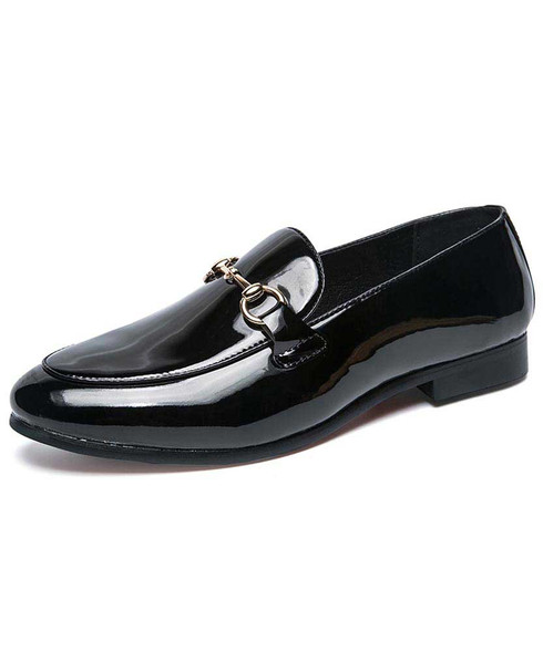 Black patent leather buckle slip on dress shoe | Mens dress shoes ...