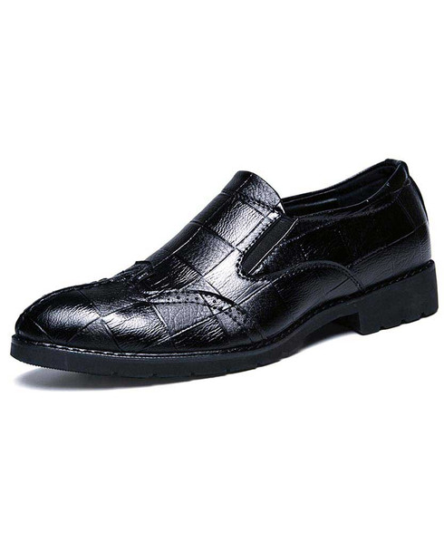 Black brogue leather slip on dress shoe check detail | Mens dress shoes ...