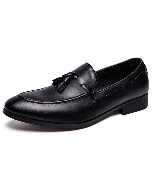 Black tassel leather slip on dress shoe simple plain | Mens dress shoes ...