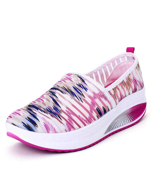 Mix color stripe pattern slip on rocker bottom shoe sneaker