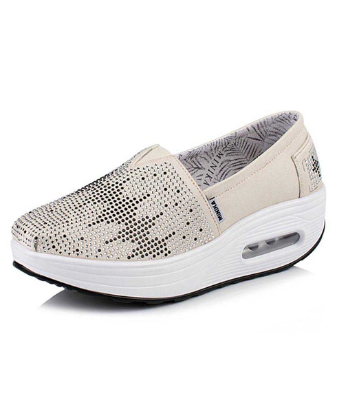 Beige slip on rocker bottom shoe sneaker with rhinestone