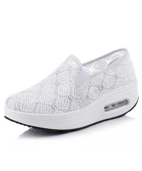 White floral hollow lace slip on rocker bottom shoe sneaker