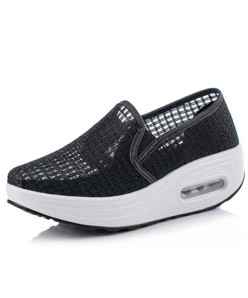 Black check hollow lace slip on rocker bottom shoe sneaker
