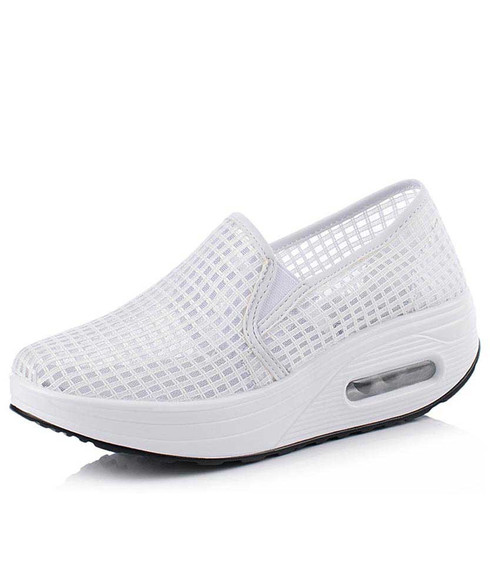 White check hollow lace slip on rocker bottom shoe sneaker