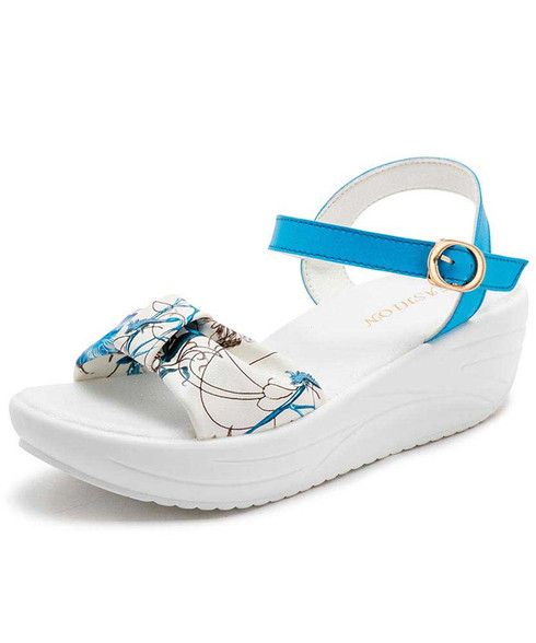 Blue irregular floral print rocker bottom shoe sandal