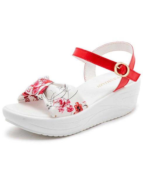 Red irregular floral print rocker bottom shoe sandal