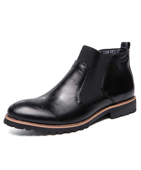 Black retro brogue slip on dress shoe boot | Mens shoe boots online 1766MS