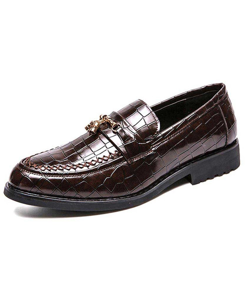Brown croco pattern leather slip on dress shoe with buckle | Mens dress ...