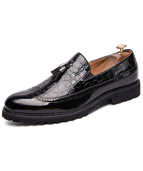 Black brogue croco patent slip on dress shoe with tassel | Mens dress ...