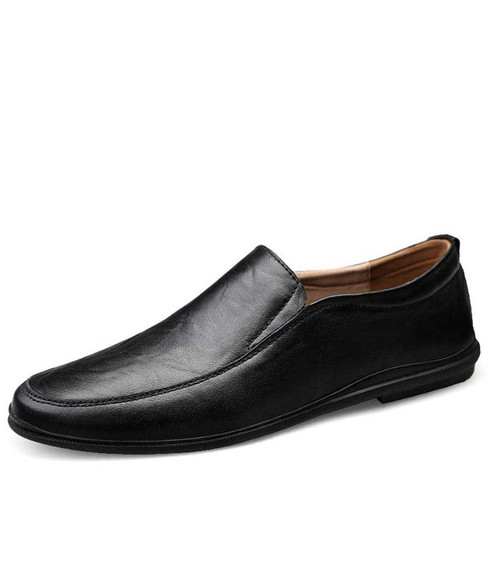 Black plain leather slip on shoe loafer curved toe | Mens shoe loafers ...