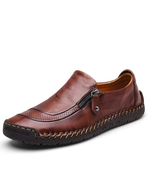 Dark brown retro leather slip on shoe loafer zip on side | Mens shoe ...