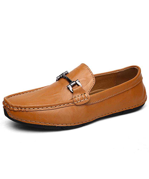 Brown metal buckle leather slip on loafer | Mens shoe loafers online 1856MS