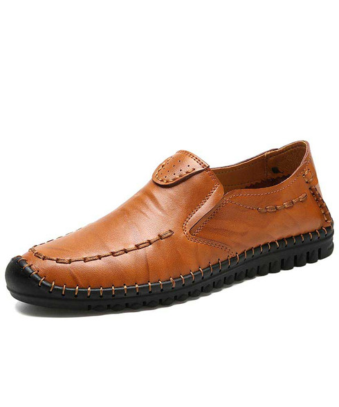 Brown retro sewed leather slip on shoe loafer | Mens shoe loafers ...