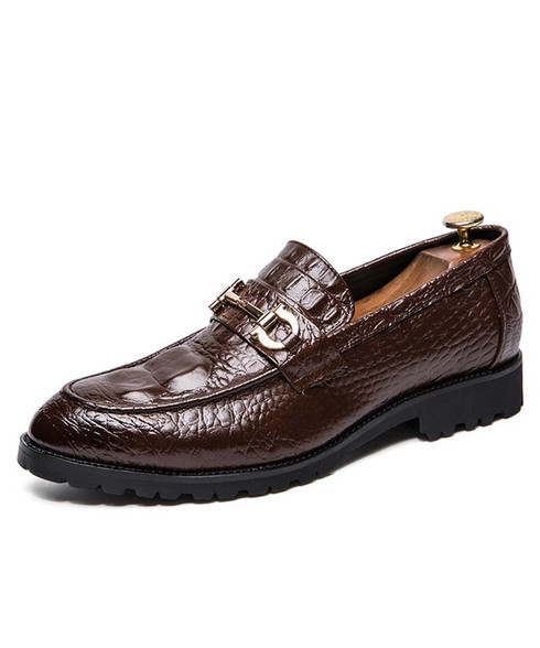 Brown buckle croc skin pattern penny slip on dress shoe | Mens dress ...