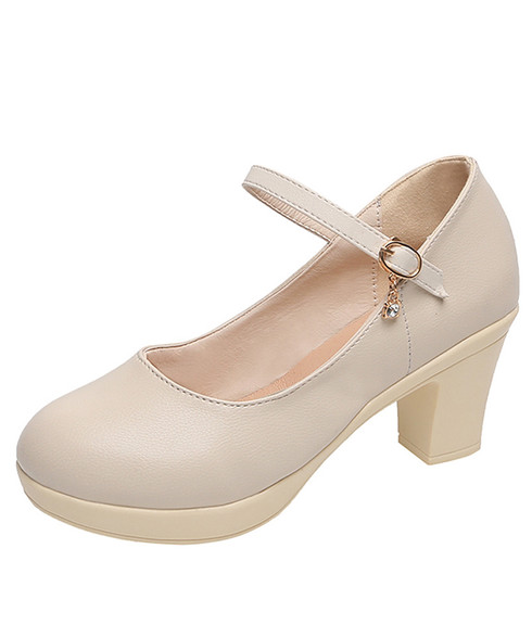 Beige buckle strap low cut thick heel dress shoe | Womens heel dress ...
