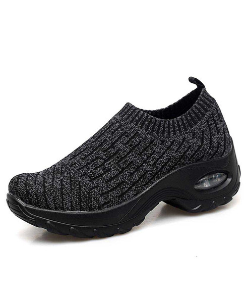 Dark grey stripe slip on sock like double rocker bottom sneaker ...