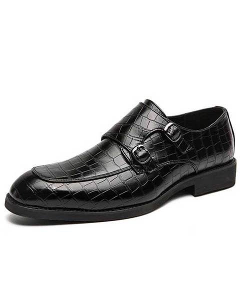 Black croc pattern monk strap leather slip on dress shoe | Mens dress ...