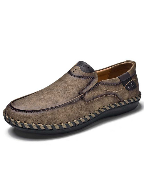 Khaki retro sewed leather slip on shoe loafer | Mens shoe loafers ...