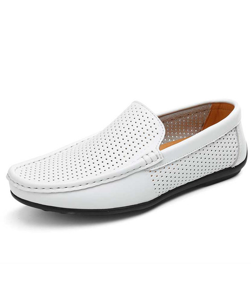 White hollow out leather slip on shoe loafer | Mens shoe loafers online ...