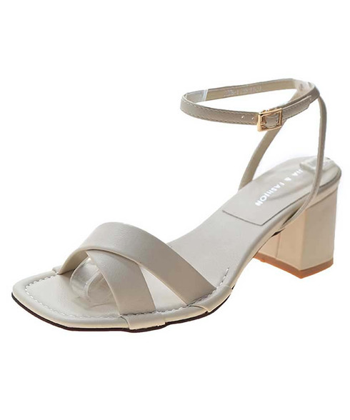 Beige criss cross ankle strap buckle thick heel sandal | Womens shoe ...