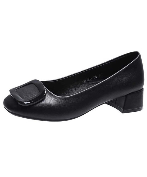 Black square buckle slip on chunk heel dress shoe | Womens heel dress ...