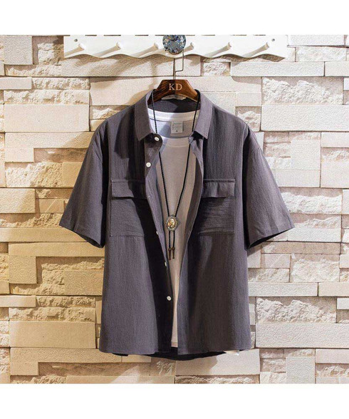 Grey double chest pocket short sleeve button shirt | Mens shirts online ...