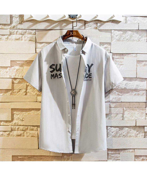 Grey pattern letter print short sleeve button shirt | Mens shirts ...