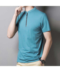 Men's acid blue zip placket plain short sleeve t-shirt 01