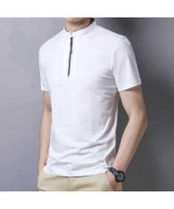 Men's white zip placket plain short sleeve t-shirt 01