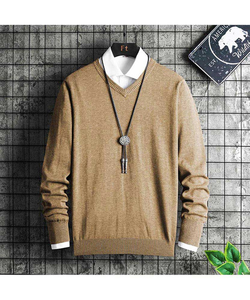 Khaki ribbed V neck plain pull over sweater | Mens sweaters & jumpers ...