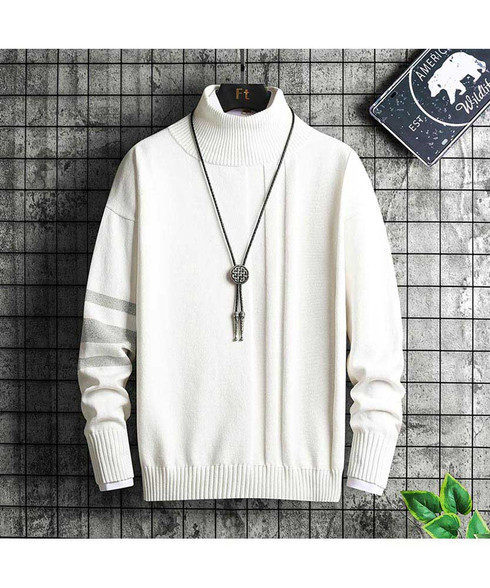 White high neck stripe on sleeve pull over sweater | Mens sweaters ...