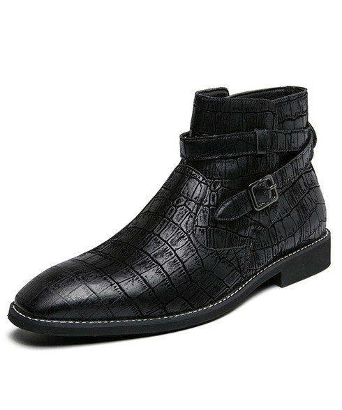 Black croco pattern ankle buckle slip on dress shoe boot | Mens shoe ...