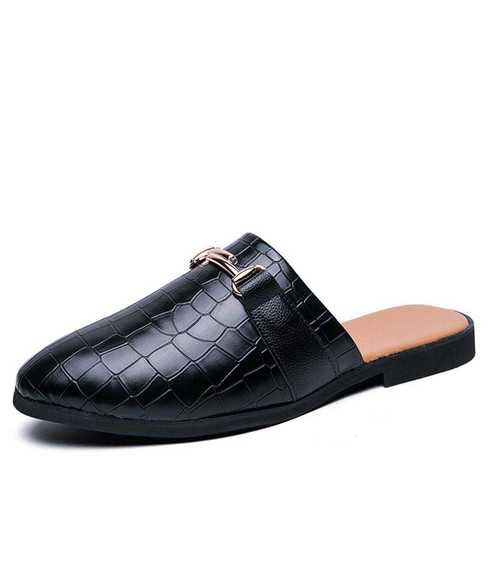 Black croco skin pattern buckle slip on half shoe loafer | Mens shoe ...