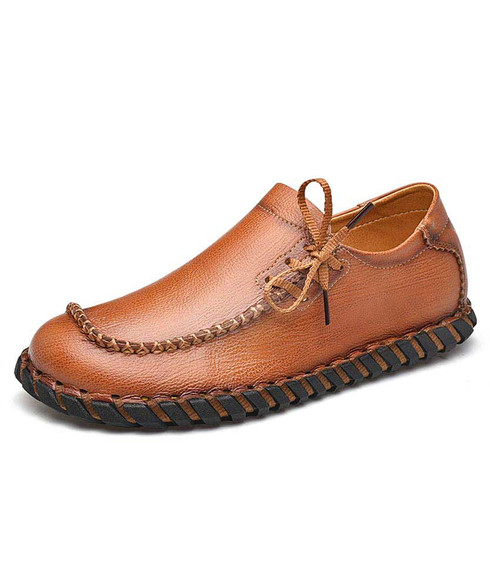 Brown sewed shoe loafer lace on side | Mens shoe loafers online 2055MS