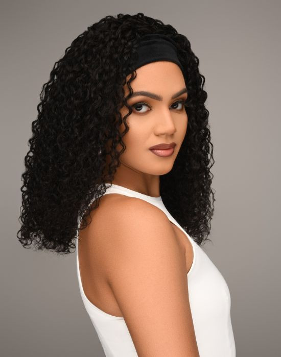 Feme 2-in-1 Human Hair Alyssa half wig - side view of hair down with headband