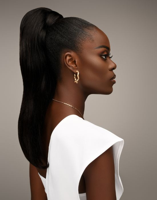 Feme 2-in-1 Human Hair Ariana half wig - side view of hair as a ponytail