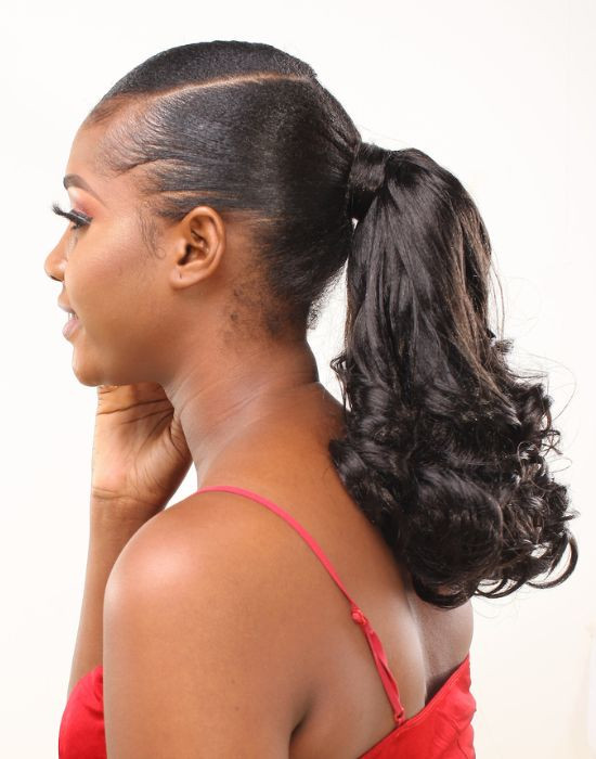 X-Pression Weave On Super Mereille styled as a ponytail