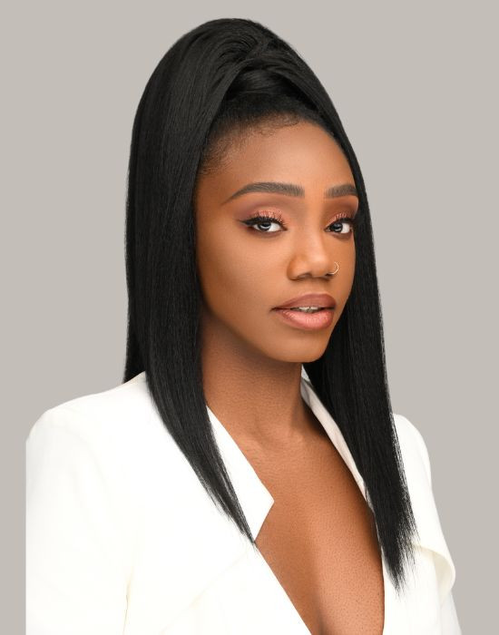 Feme 2-in-1 Monique half wig - side view of hair up in ponytail