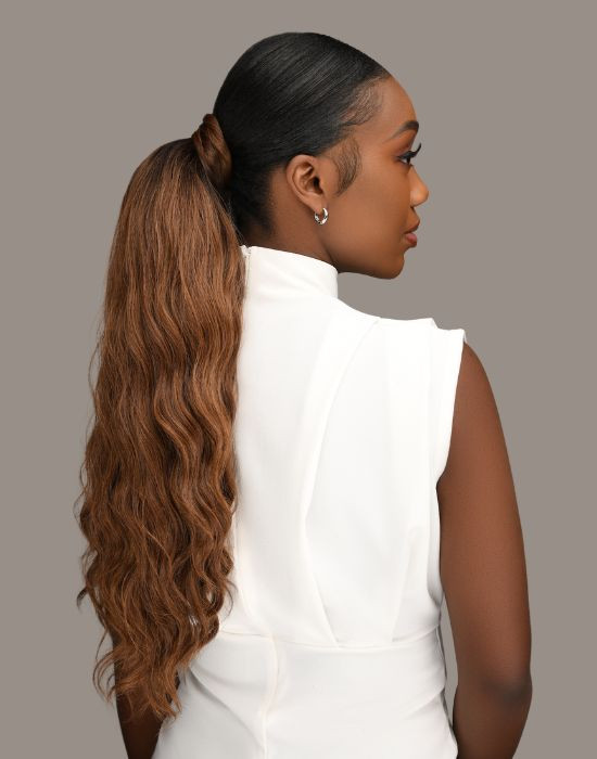 Feme 2-in-1 Nora half wig - back view of hair up in a ponytail