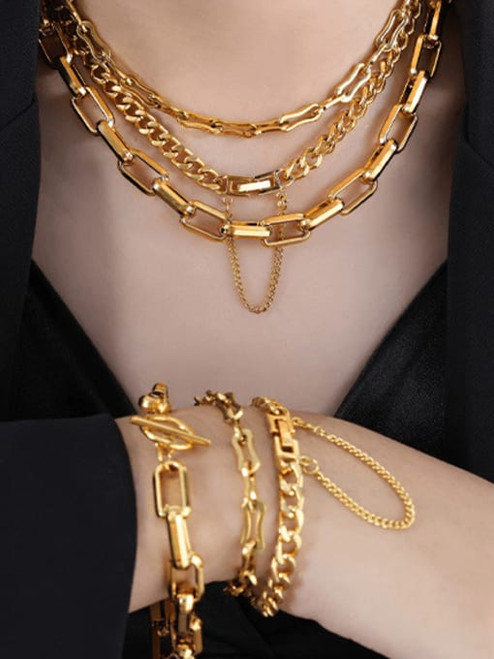 Hip-Hop Geometric Iron Pearl Chain Layered Necklaces