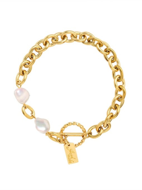 Waterproof Pearl Links Toggle Bracelet: Gold Or Silver
