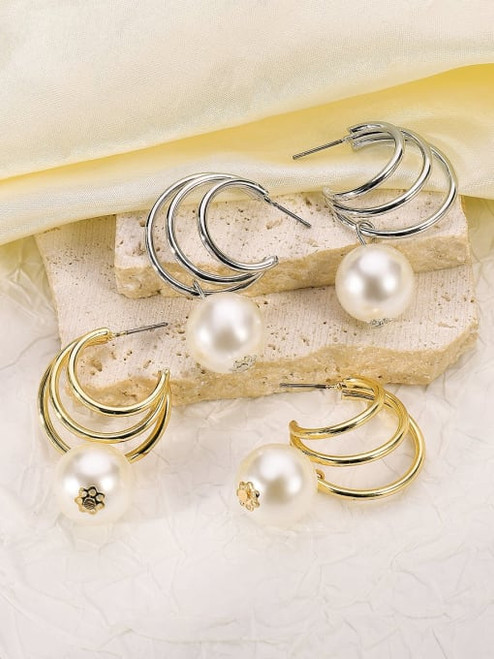Triple Hoop Pearl Drop Earrings: Gold Or Silver - LAST PAIRS!