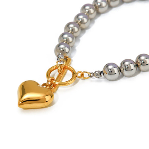 Waterproof Two Tone Metal Bead Toggle Heart Drop Bracelet