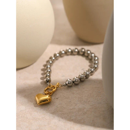 Waterproof Two Tone Metal Bead Toggle Heart Drop Bracelet