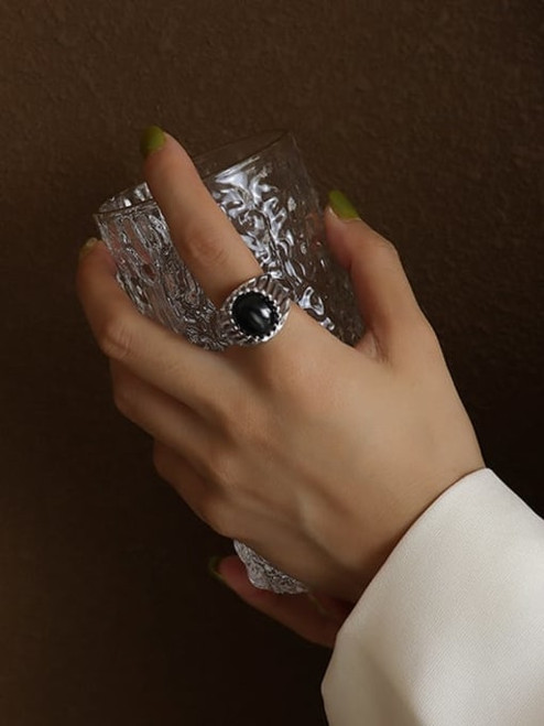 Waterproof Natural Black Stone Vintage Inspired Ring: Gold Size 7- LAST ONE!