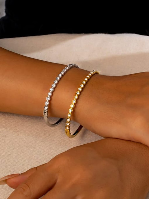 Tiny Circles Pave Inlay Hinged Bangle: Gold Or Silver